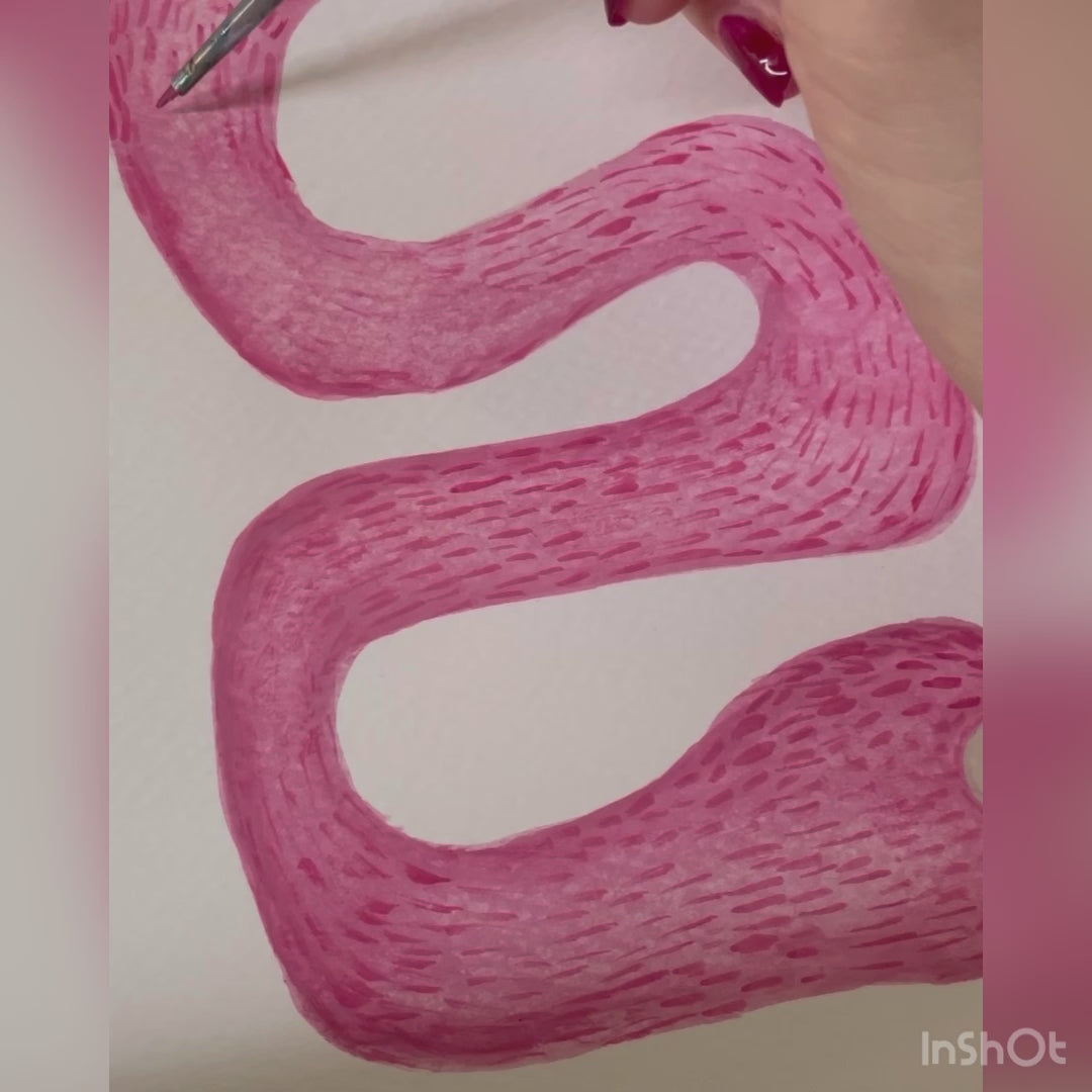 A hand painting a flowing abstract design in shades of pink.