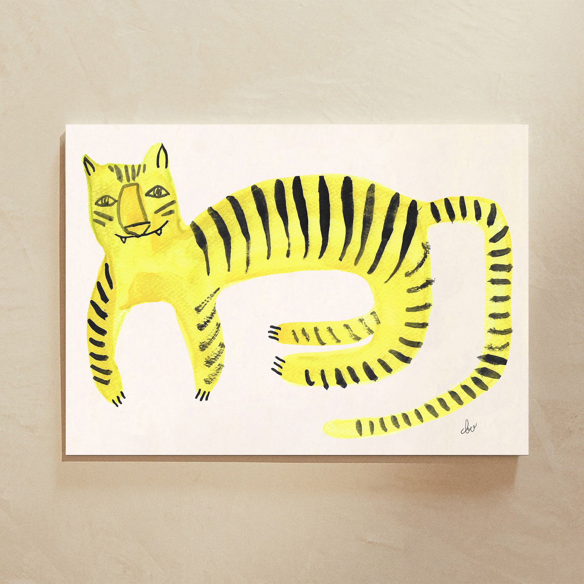 A stylized yellow and black tiger illustration on a beige background.