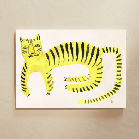 A stylized yellow and black tiger illustration on a beige background.
