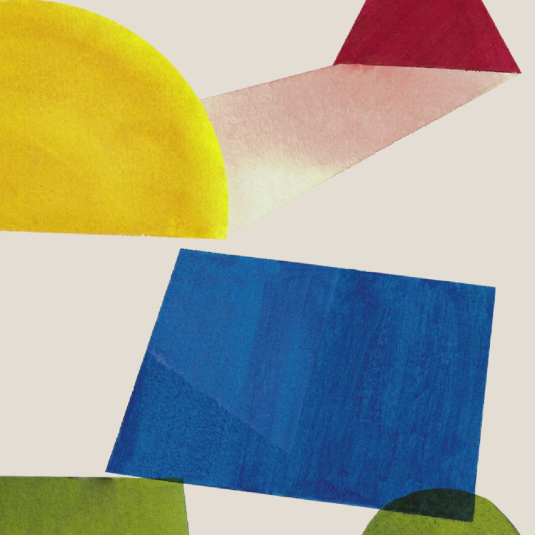 Abstract shapes in vibrant colors including yellow, red, blue, and green against a light background.