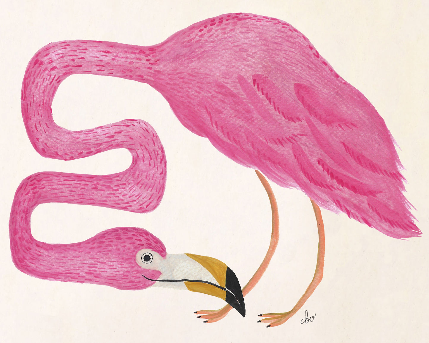Illustration of a pink flamingo with a curved neck, searching for food.