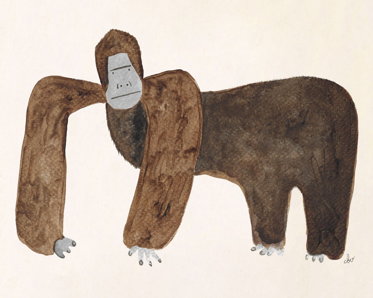 A stylized illustration of a gorilla with exaggerated features and a playful expression.