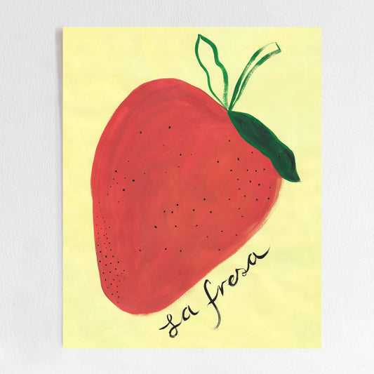 A colorful illustration of a strawberry with the text 'la fresa' written below it.