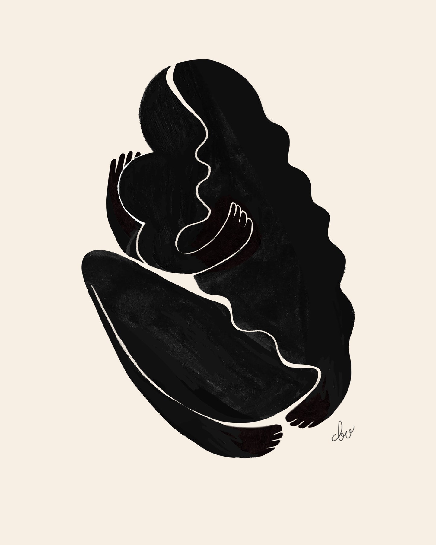 A minimalist illustration of a mother embracing her child.