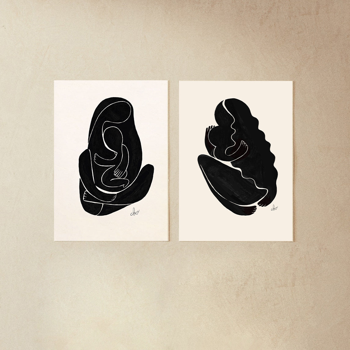 Two abstract black and white line art figures against a beige background.