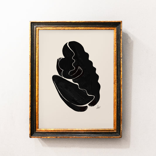 Abstract black line art of a seated figure in a gold-framed picture