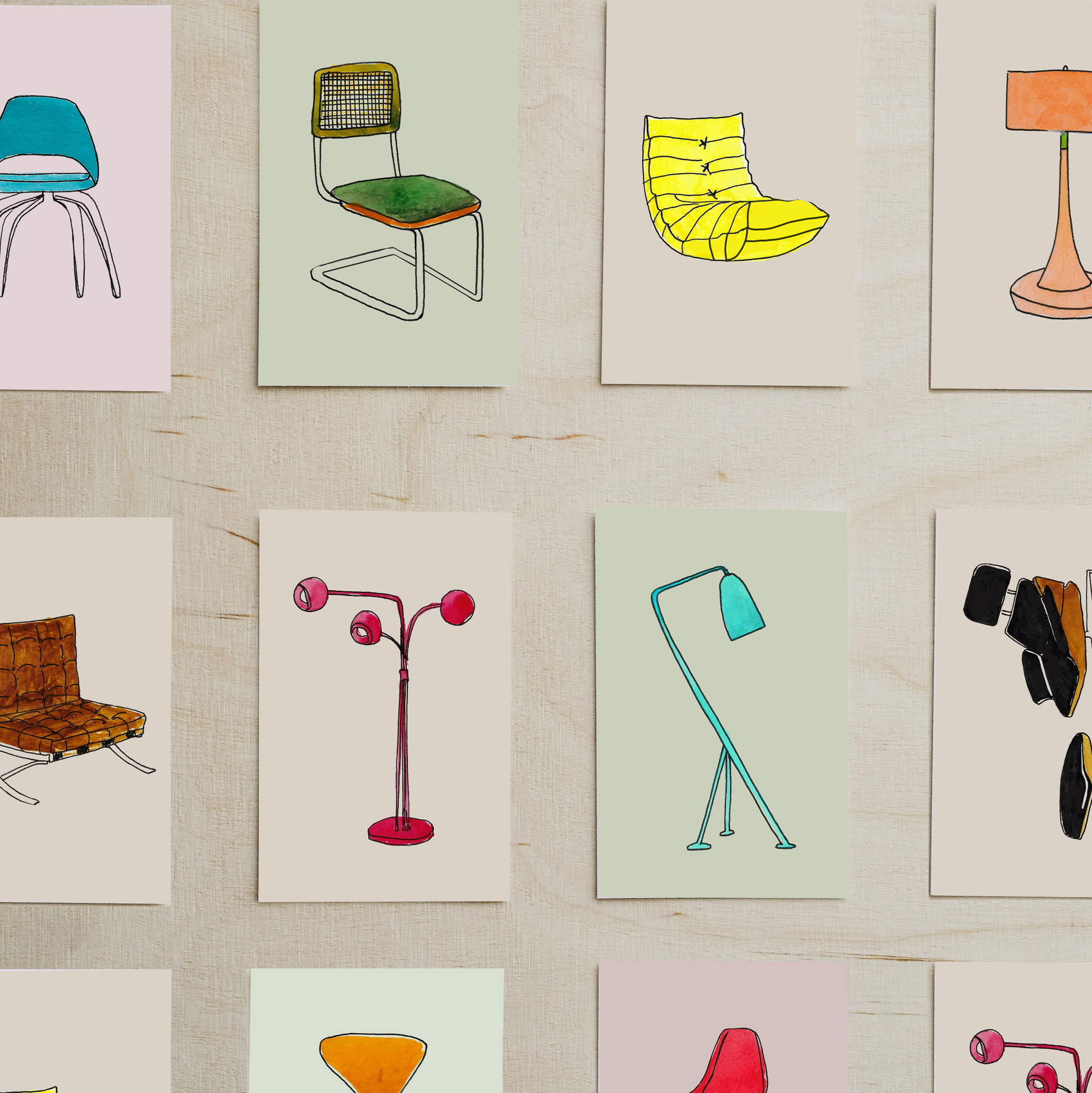 A collection of illustrated furniture designs displayed on cards, including various chairs and lamps.