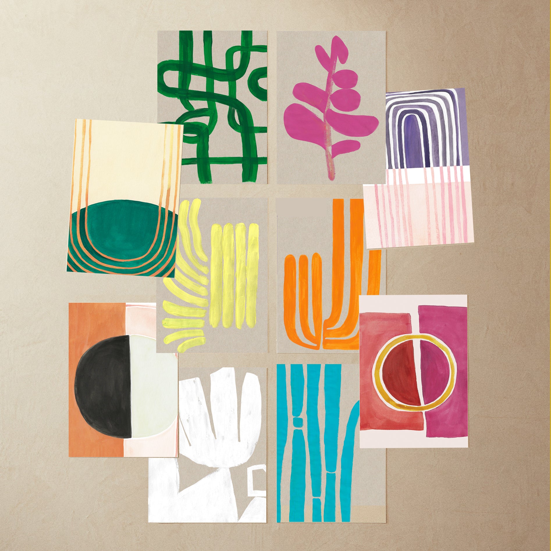 Colorful abstract art pieces arranged in a grid pattern.