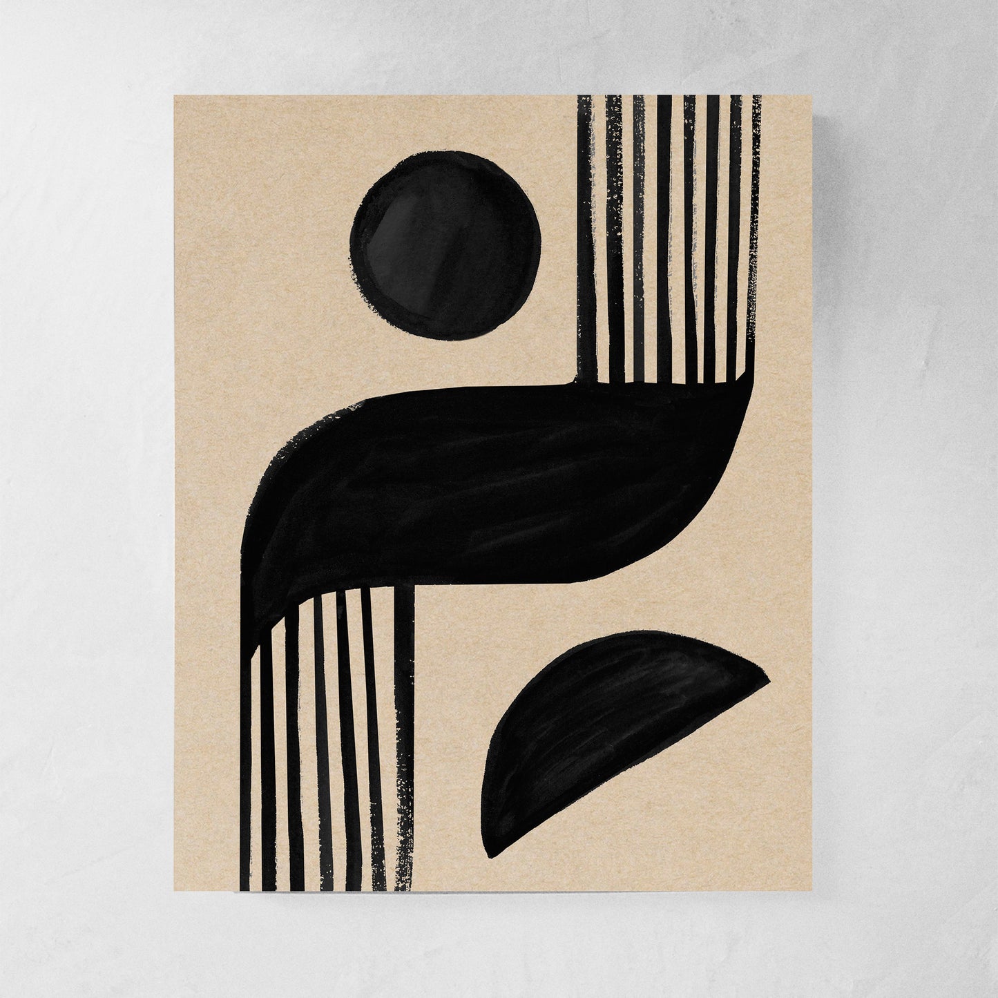 Abstract black shapes and lines on a textured beige background
