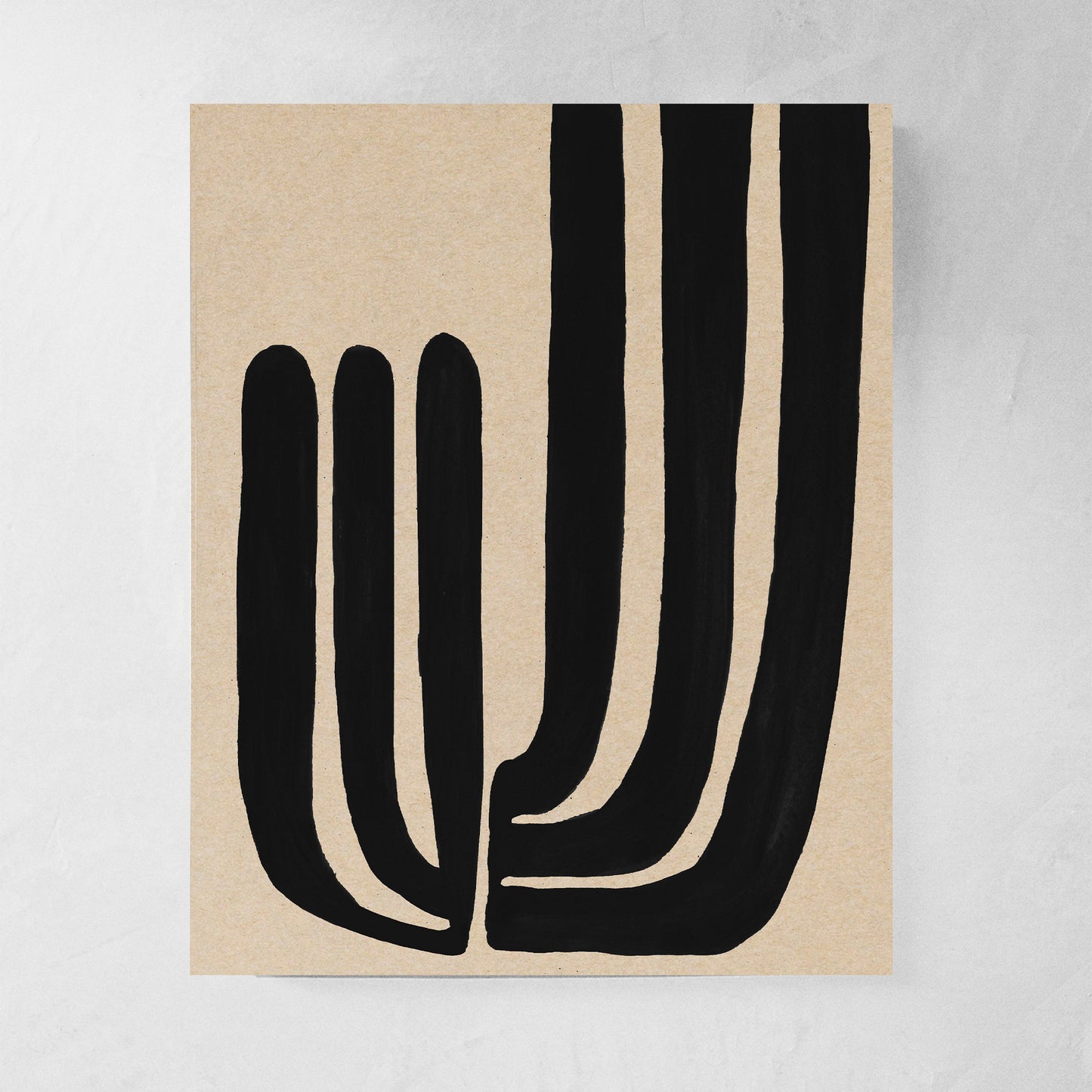 Abstract artwork featuring bold black lines on a textured beige background.