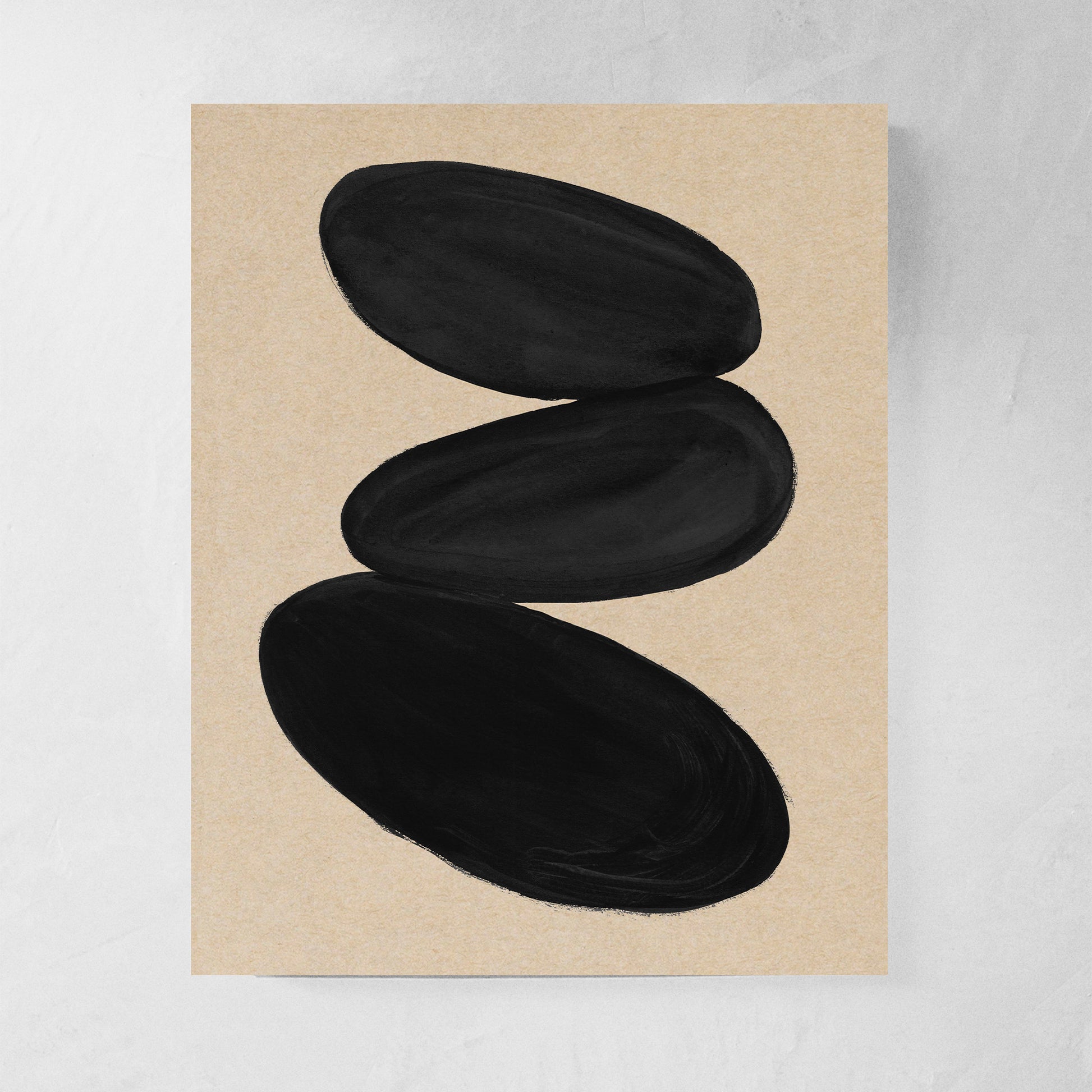 Abstract black oval shapes on a kraft paper background.