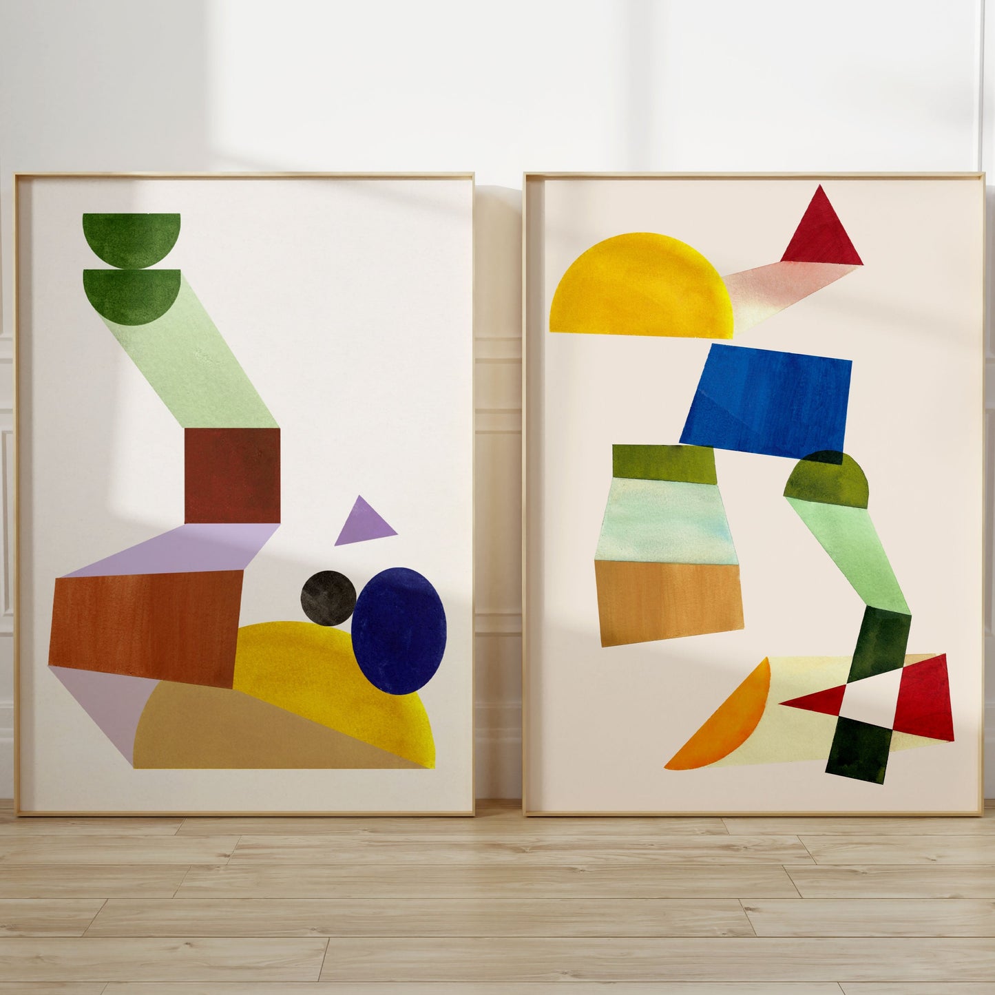 Two abstract wall art pieces featuring geometric shapes and vibrant colors.