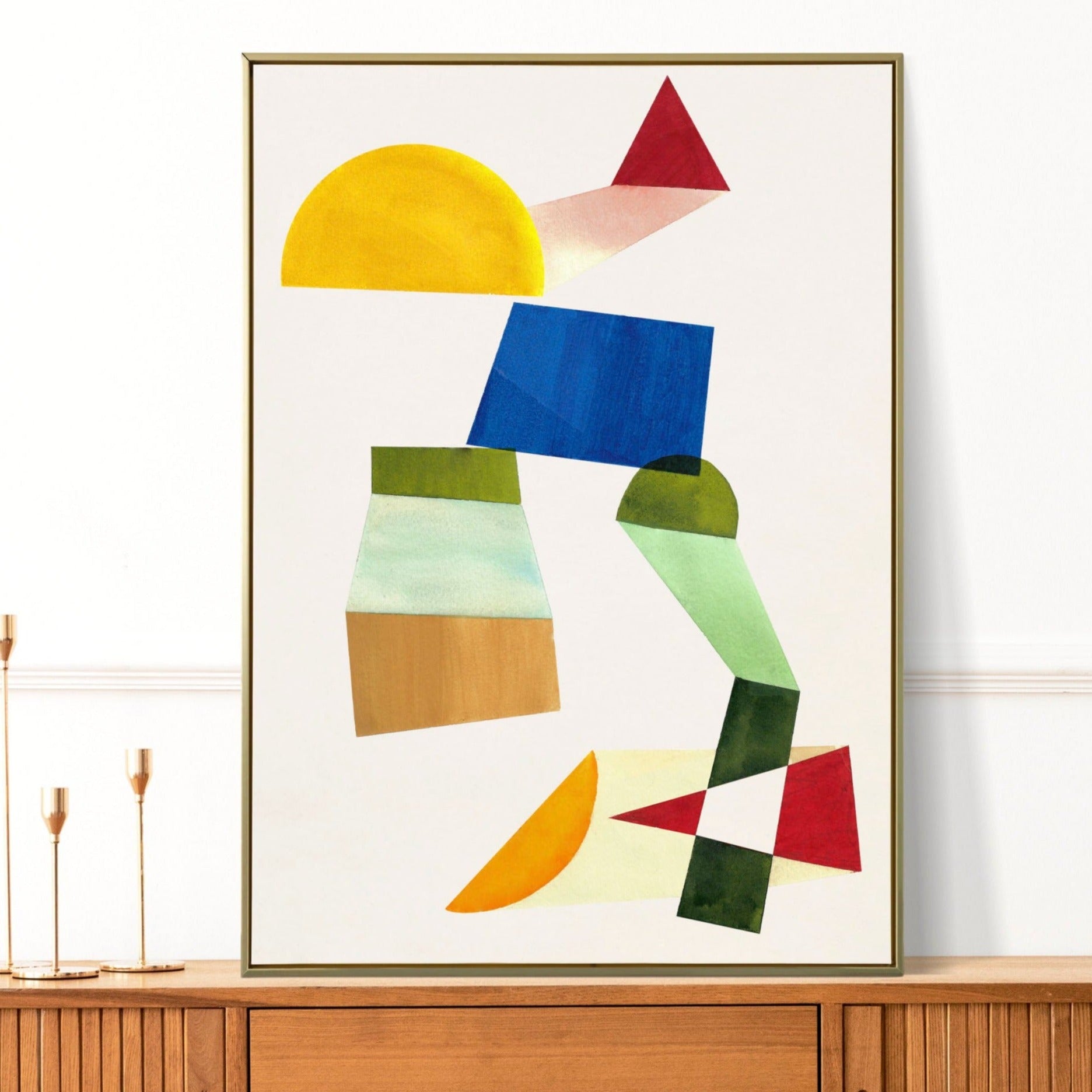 Abstract geometric artwork featuring colorful shapes and forms