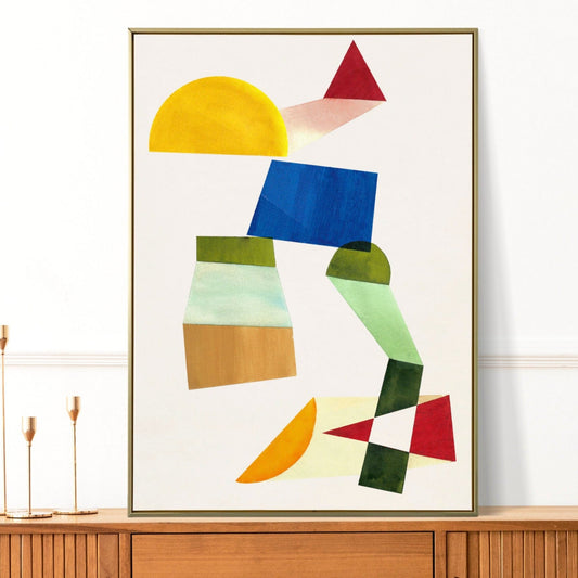 Abstract geometric artwork featuring colorful shapes and forms
