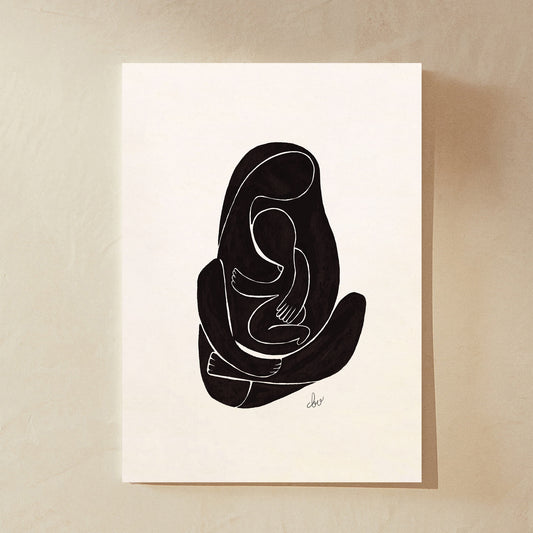 Abstract black and white illustration of a figure embracing another figure.