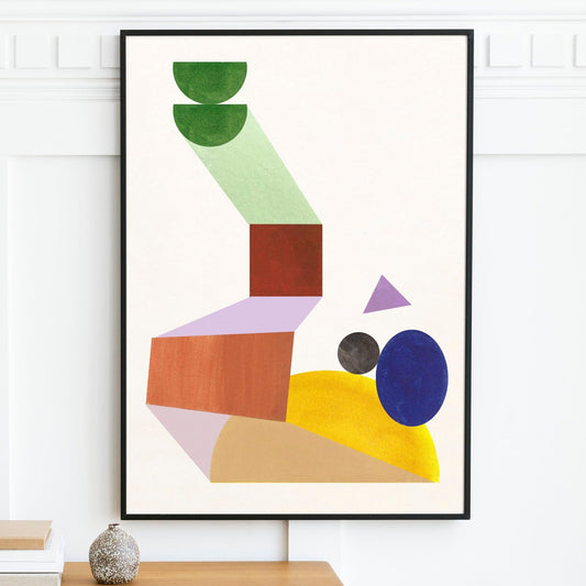 Abstract geometric artwork featuring colorful shapes on a light background.