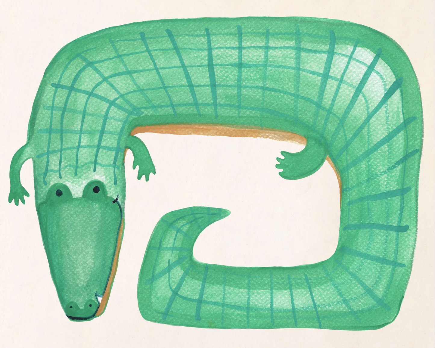 Illustration of a green, cartoonish snake with a crocodile-like head.