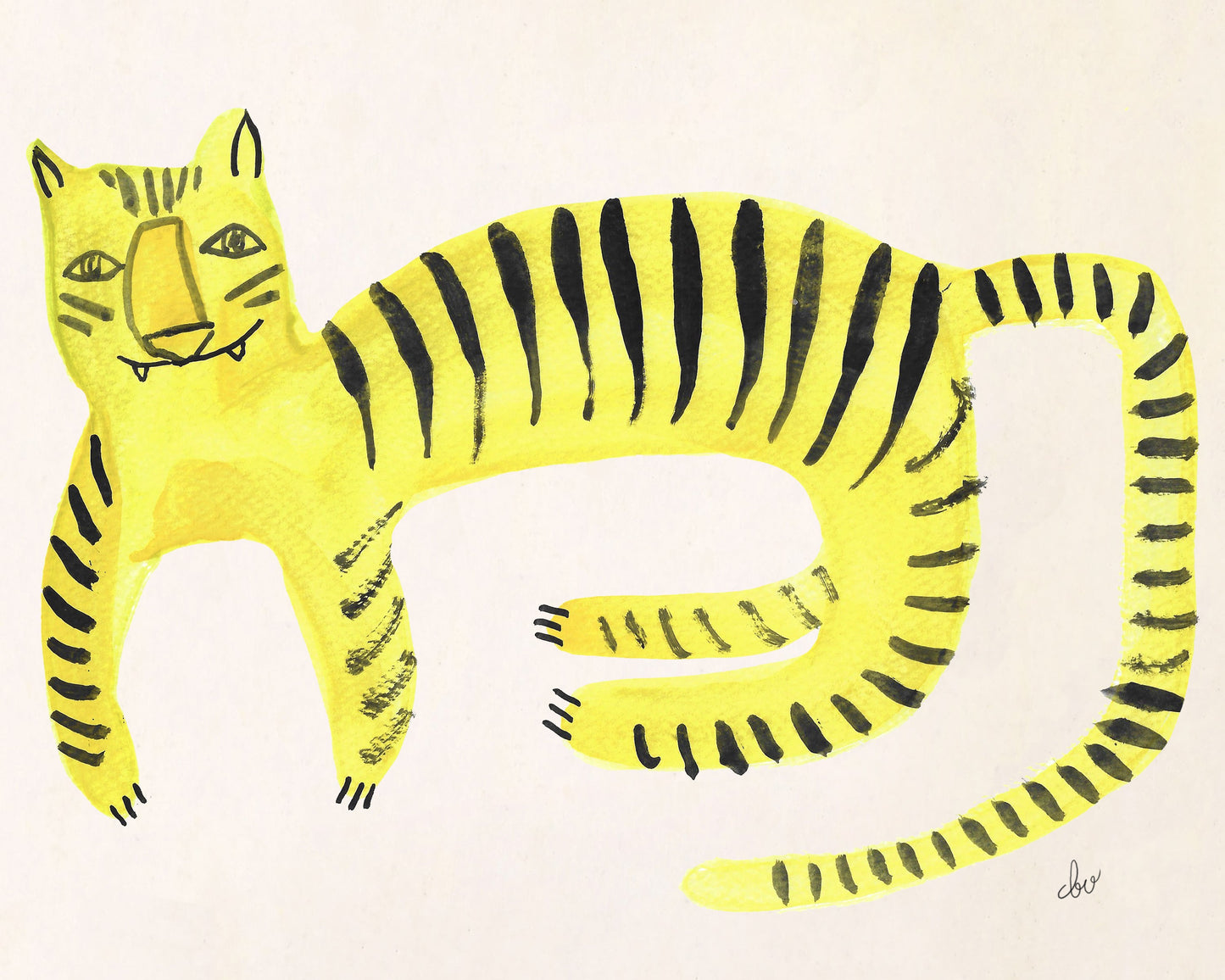 A whimsical, stylized illustration of a yellow tiger with black stripes.