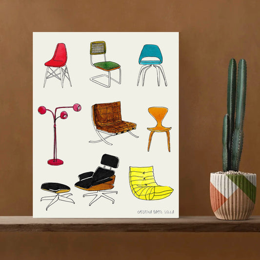 Illustration of various stylish chairs and a lamp displayed on a wall, beside a potted plant.