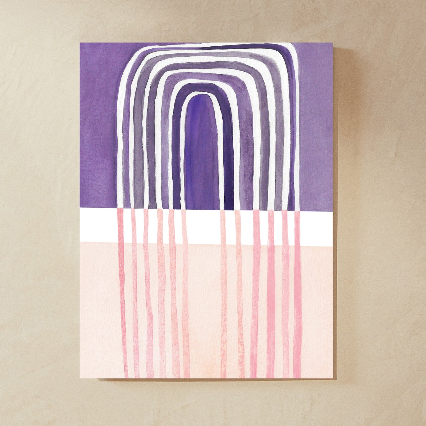 Abstract artwork featuring arch shapes in purple and pink hues.