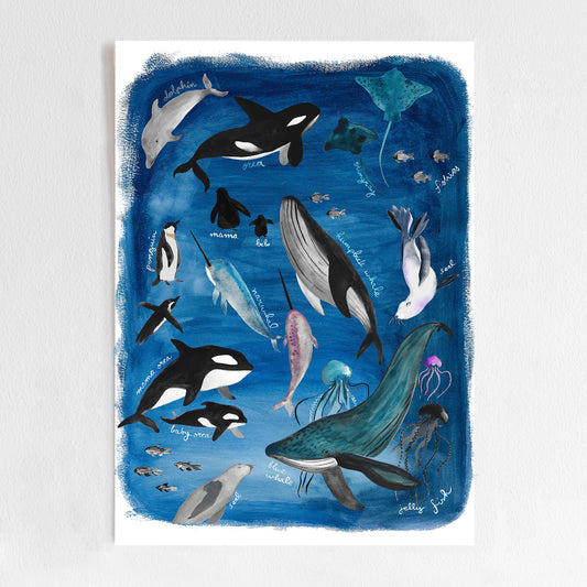 Illustration of various marine animals including orcas, whales, jellyfish, and other sea creatures against a blue background.